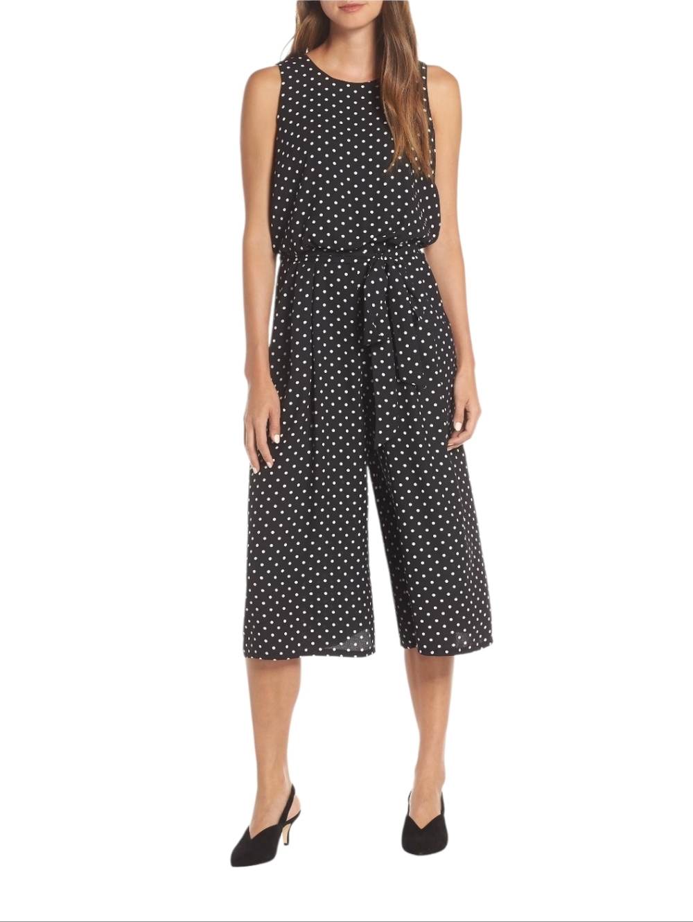Vince Camuti Sleeveless Black Polka Dot Wide-Leg Jumpsuit Size 8
